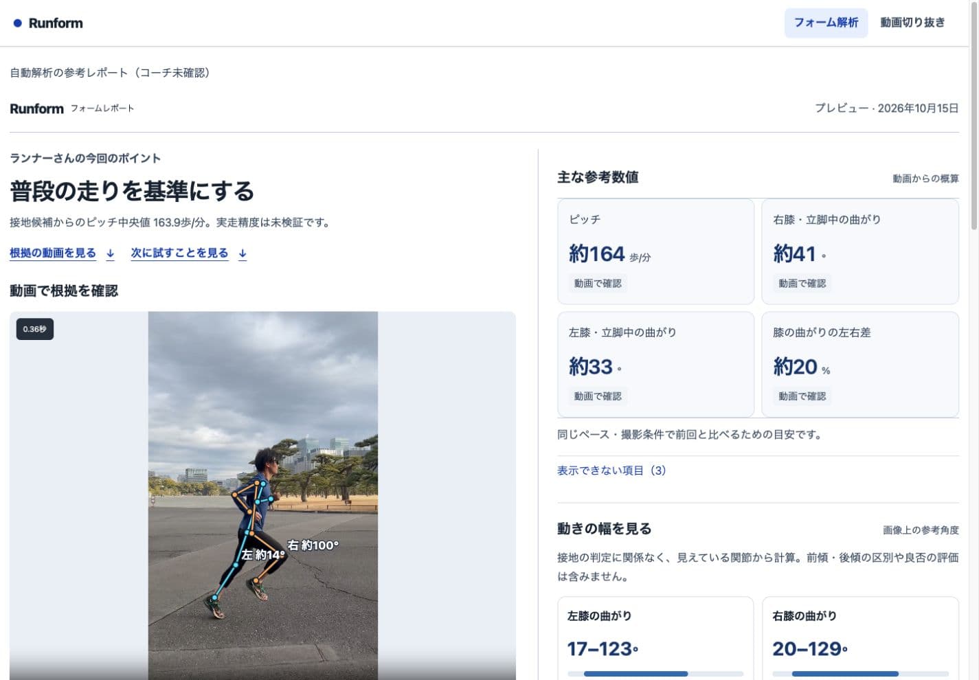 走行動画に骨格と膝の角度を重ね、右側にピッチや左右の膝の参考値を表示したRunformレポート
